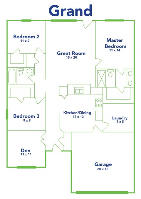 Floor plan for 3 beds, 2 baths, 1583 sqft